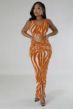 Zebra Print Backless Two Wear Long Dress SFY-2768