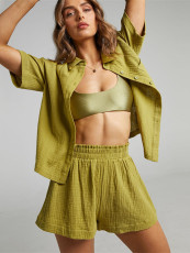 Solid Color Short Sleeve Shirt Two Piece Shorts Set MIL-T112