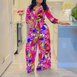 Print Tie Up Shirt Wide Leg Pants 2 Piece Set GMLF-3274