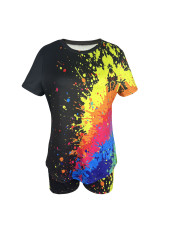 Splash Ink Print Short Sleeve Shorts Sport 2 Piece Set ML-7563