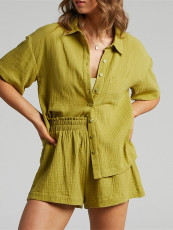 Solid Color Short Sleeve Shirt Two Piece Shorts Set MIL-T112
