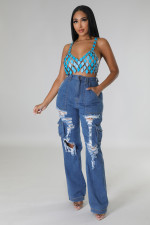 Loose High-waisted Holes Jeans LX-6975