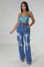 Loose High-waisted Holes Jeans LX-6975