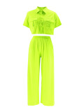 Solid Lapel Short Sleeve Wide Leg Pants Casual Set SFY-441