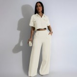 Solid Lapel Short Sleeve Wide Leg Pants Casual Set SFY-441