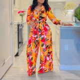 Print Tie Up Shirt Wide Leg Pants 2 Piece Set GMLF-3274