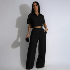 Solid Lapel Short Sleeve Wide Leg Pants Casual Set SFY-441