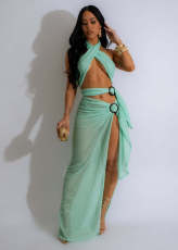 Mesh Cross Halter Split Long Skirt 2 Piece Set GDYF-6690