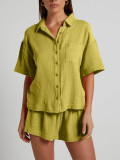 Solid Color Short Sleeve Shirt Two Piece Shorts Set MIL-T112