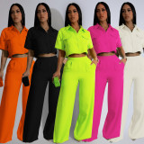 Solid Lapel Short Sleeve Wide Leg Pants Casual Set SFY-441