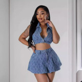 Fashion Plaid Lapel Denim Two Piece Skirts Set YMEF-51095