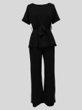 Solid Color Strappy Top Wide Leg Pants Casual Set MIL-T110