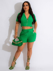 Solid Color Hooded Zipper Shorts Two Piece Set MIL-T106