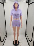 Solid Color Fashion Hoodies Shorts Two Piece Set YIM-074