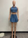 Fashion Plaid Lapel Denim Two Piece Skirts Set YMEF-51095