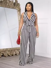 Casual Stripe Sleeveless Loose Two Pice Pants Set OM-1759