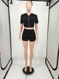 Solid Color Fashion Hoodies Shorts Two Piece Set YIM-074