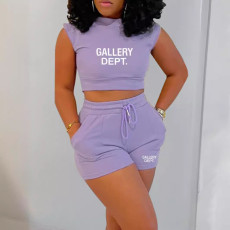 Letter Print Sleeveless T Shirt Two Piece Shorts Set SFY-2168G