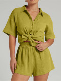 Solid Color Short Sleeve Shirt Two Piece Shorts Set MIL-T112