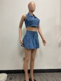 Fashion Plaid Lapel Denim Two Piece Skirts Set YMEF-51095