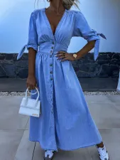 Fashion V-neck Button Long Denim Dress GYAN-16845