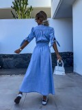 Fashion V-neck Button Long Denim Dress GYAN-16845