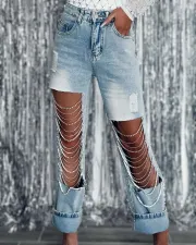 Sexy Holes Chain Patchwork Straight Jeans GYAN-3286