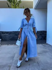 Fashion V-neck Button Long Denim Dress GYAN-16845