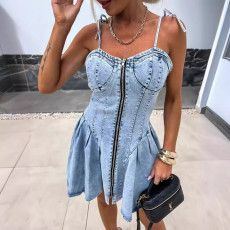 Fashion Patchwork Sling Zipper Denim Midi Dress GYAN-16869