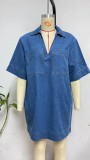Lapel Short Sleeve Loose Denim Dress GYAN-3223