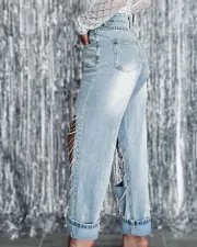 Sexy Holes Chain Patchwork Straight Jeans GYAN-3286