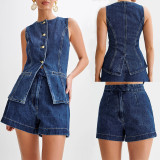 Fashion Sleeveless High Waisted Denim Shorts Set GYAN-16881