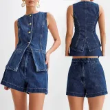 Fashion Sleeveless High Waisted Denim Shorts Set GYAN-16881