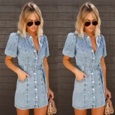 Loose Casual Bubble Short Sleeve Denim  Dress GYAN-3229