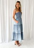 Patchwork Side Split Cake Denim Long Dress GYAN-3256