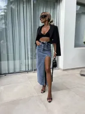 High-waisted Irregular Split Denim Long Skirt GYAN-16831