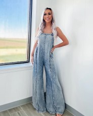 Loose Denim Wide Leg Jumpsuit Back Pants GYAN-16859