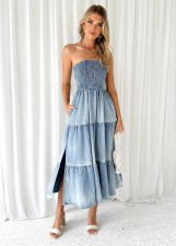 Patchwork Side Split Cake Denim Long Dress GYAN-3256
