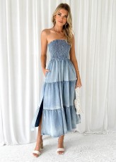 Patchwork Side Split Cake Denim Long Dress GYAN-3256