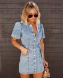 Loose Casual Bubble Short Sleeve Denim  Dress GYAN-3229