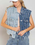 Spliced Beaded Loose-fitting Denim Jacket GYAN-3285