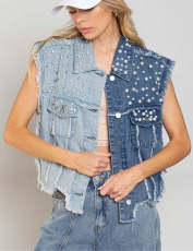 Spliced Beaded Loose-fitting Denim Jacket GYAN-3285