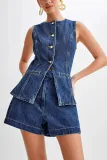 Fashion Sleeveless High Waisted Denim Shorts Set GYAN-16881