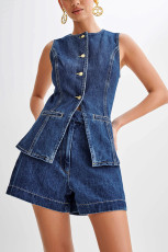 Fashion Sleeveless High Waisted Denim Shorts Set GYAN-16881