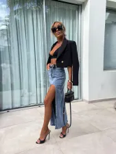 High-waisted Irregular Split Denim Long Skirt GYAN-16831
