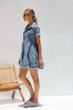 Short Sleeve Lapel Loose Denim Midi Dress GYAN-22845