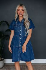 Solid Color Lapel Casual Denim Dress GYAN-16809