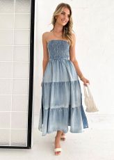Patchwork Side Split Cake Denim Long Dress GYAN-3256