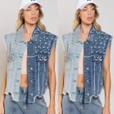 Spliced Beaded Loose-fitting Denim Jacket GYAN-3285