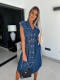 Lapel Sleeveless Staple Button Waist Tie Denim Dress GYAN-3293